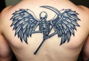 A skeletal angel holding a scythe, with dark smoky wings that seem to fade into shadows. The scythe glows with an ethereal silver light. tattoo idea