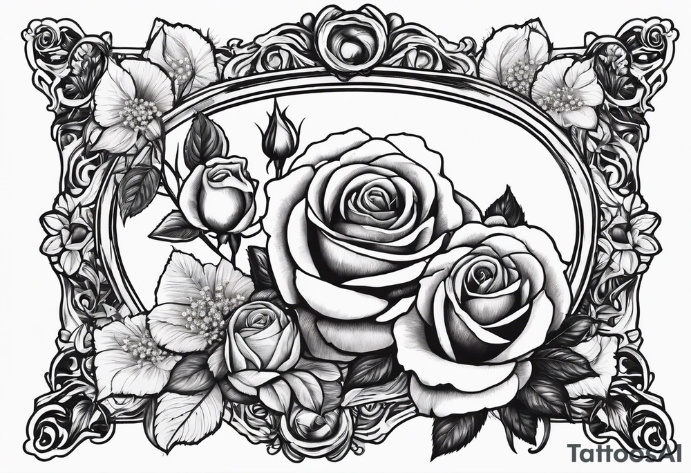 Vintage frame in the frame there are pictures of roses and baby’s breath flowers tattoo idea