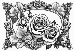 Vintage frame in the frame there are pictures of roses and baby’s breath flowers tattoo idea