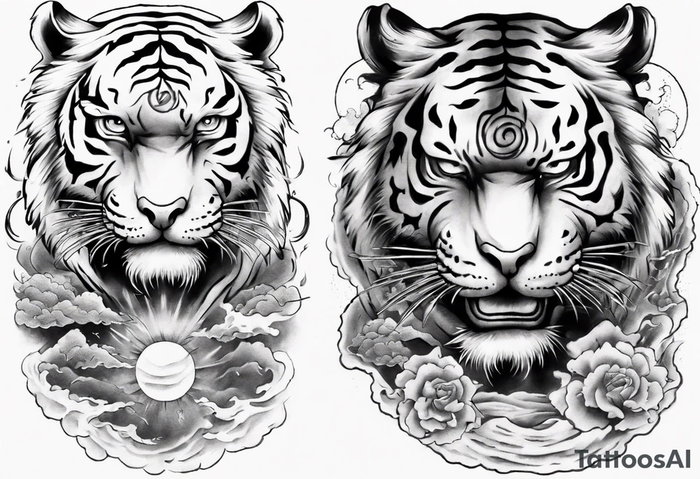 Tiger Warrior sleeve tattoo with lightning and the sun
Forearm sleeve tattoo idea