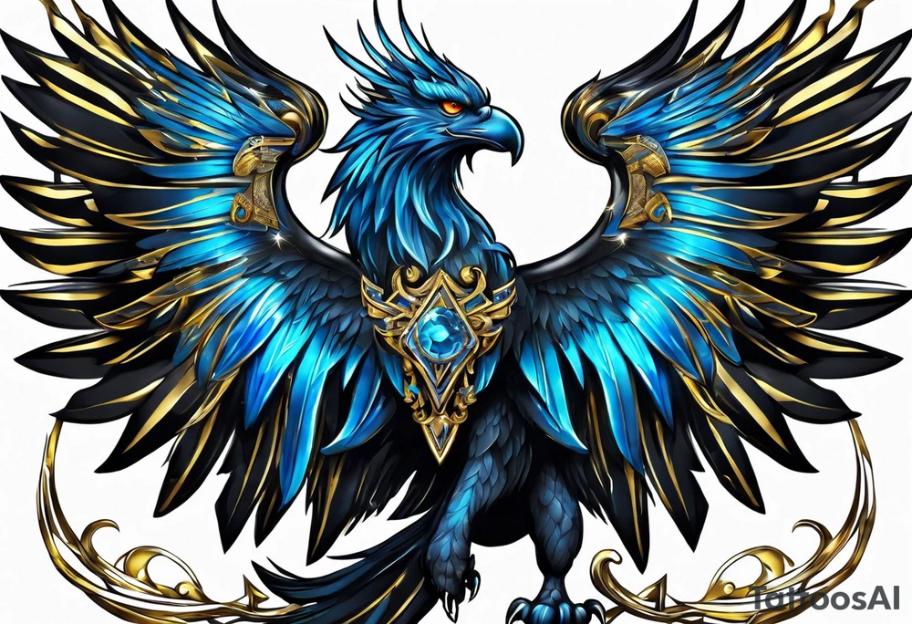 black cyber matallic griffin with golden and silver accents and blue neon tattoo idea