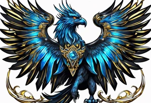 black cyber matallic griffin with golden and silver accents and blue neon tattoo idea