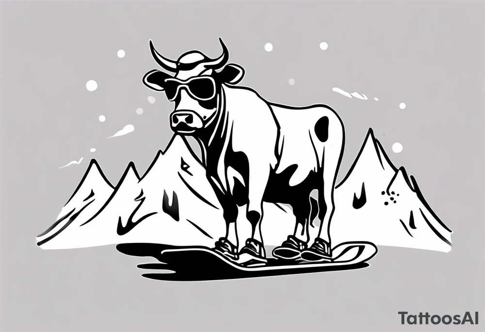 Generate a minimalist and simple black and white tattoo design featuring a joyful cow snowboarding, wearing goggles. Focus on essential lines and details to convey the playful spirit of the scene. The cow should exude confidence while effortlessly snowboarding down a snowy slope. Keep the design clean and uncluttered, suitable for a small to medium-sized tattoo space. Emphasize the charm and whimsy with the addition of goggles, ensuring the overall aesthetic remains simple and minimalistic. The goal is to create a visually appealing and easily recognizable tattoo that captures the essence of a cow enjoying a snowboarding adventure tattoo idea