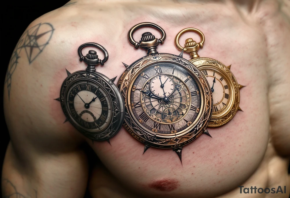 Three interwoven pocket watches in antique bronze, shimmering silver, and royal gold, each frozen at a meaningful time. tattoo idea