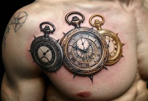 Three interwoven pocket watches in antique bronze, shimmering silver, and royal gold, each frozen at a meaningful time. tattoo idea