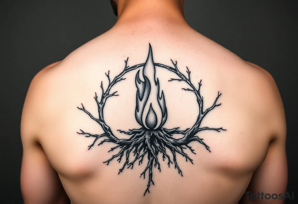 a flame imprisoned in roots circle tattoo idea