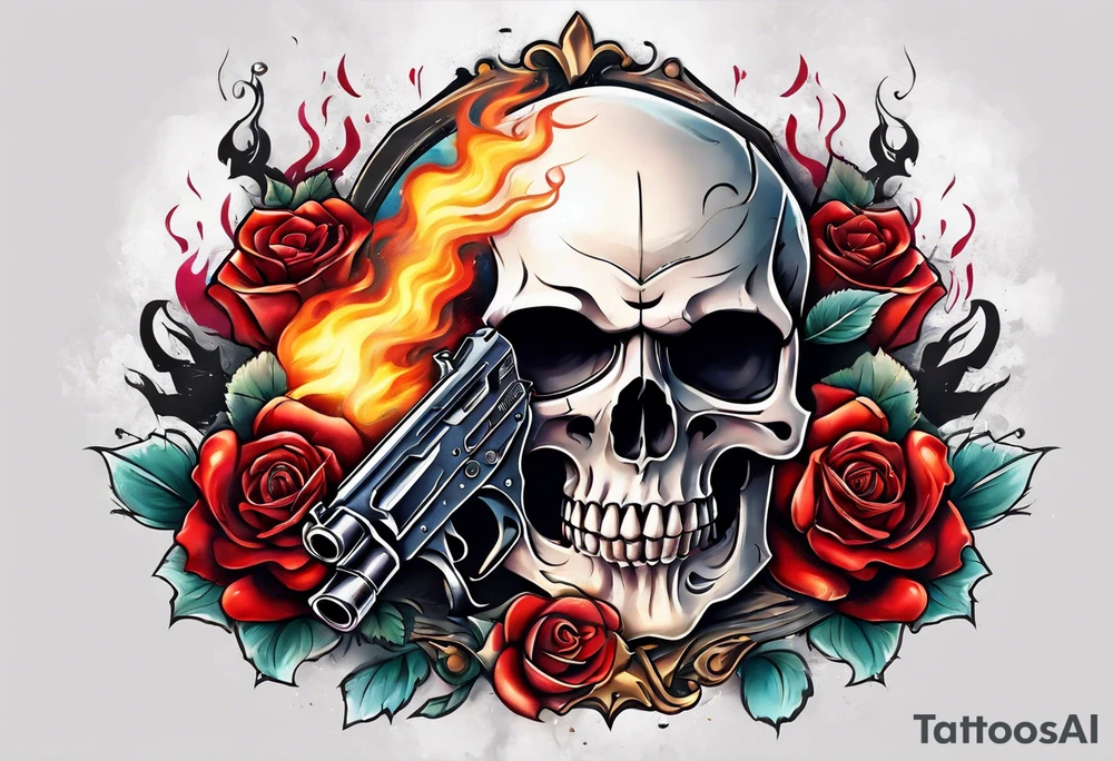 skull with a gun a  rose and an dominated by a  heart with  flames coming out of the top of it tattoo idea