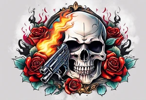 skull with a gun a  rose and an dominated by a  heart with  flames coming out of the top of it tattoo idea