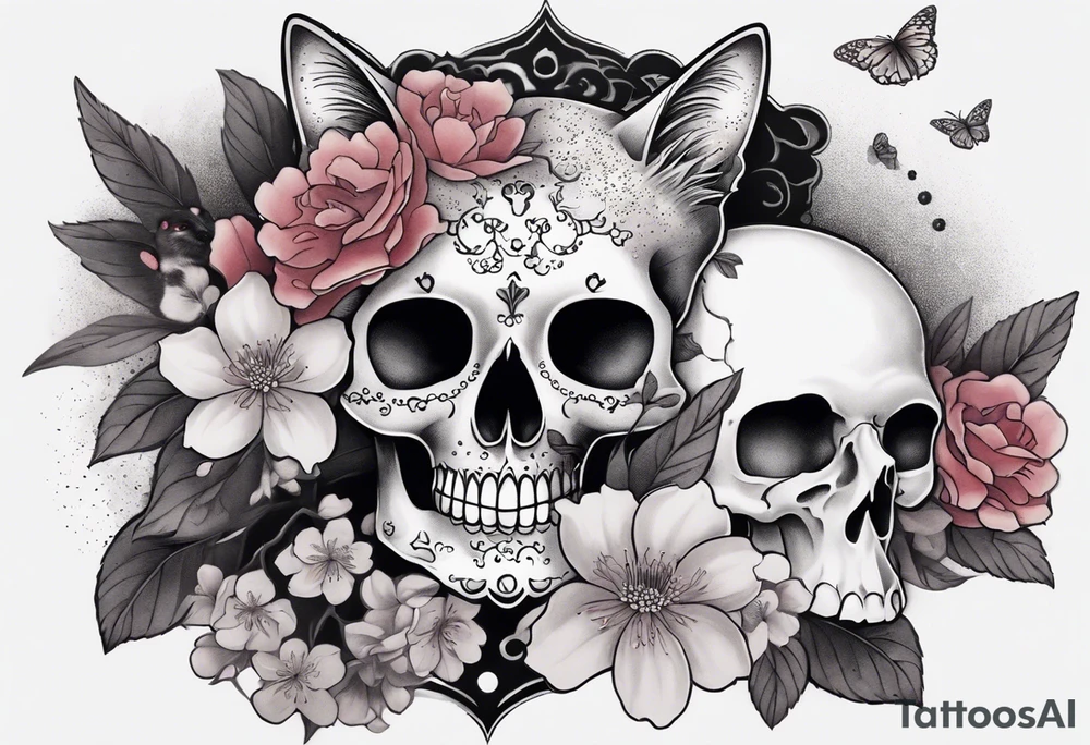 Old school flower skull , small ghost cat with lightning cloud, cherry blossoms, and bouquet of flowers with smoke as a filler in between each image tattoo idea