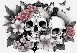 Old school flower skull , small ghost cat with lightning cloud, cherry blossoms, and bouquet of flowers with smoke as a filler in between each image tattoo idea