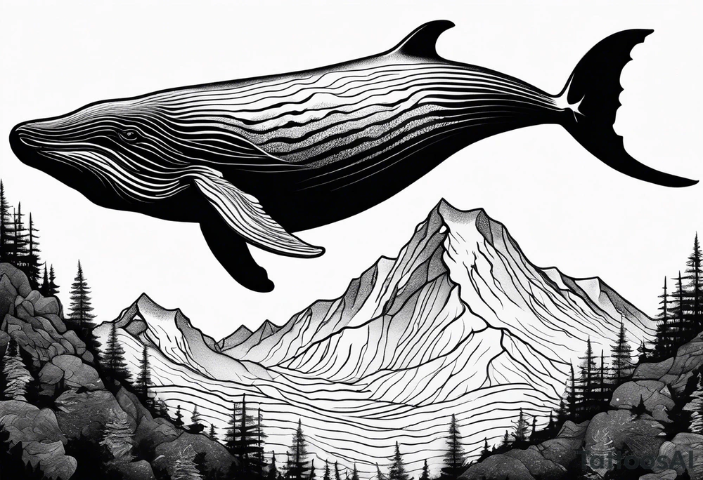 breaching humpback whale in front of a drawing of the Rocky mountains tattoo idea
