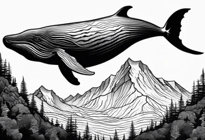 breaching humpback whale in front of  a drawing of the Rocky mountains tattoo idea