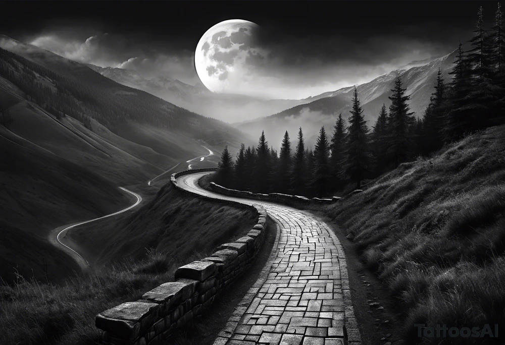 chessboard as a road in the mountains, it’s dark and misty with the moon and ravens in the sky. tattoo idea