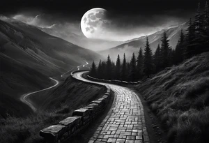 chessboard as a road in the mountains, it’s dark and misty with the moon and ravens in the sky. tattoo idea