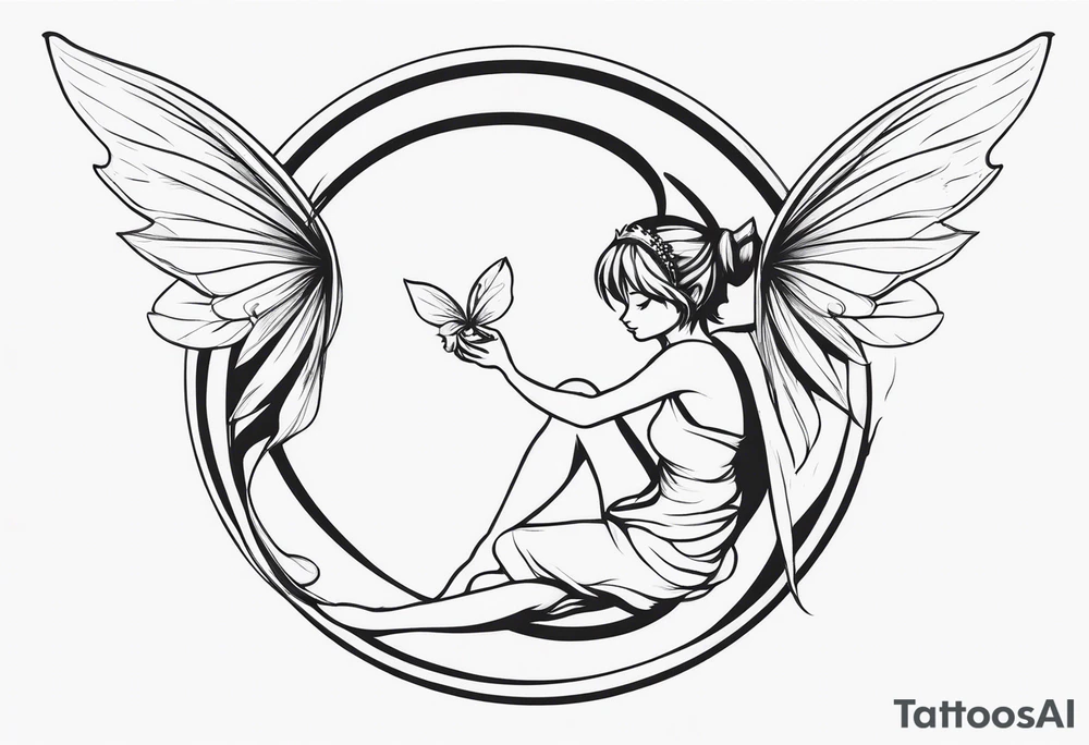 Minimalistic, monochromatic fairy with a tail flying to the left in a fetal position, leaning and looking in the same direction, with visible hands, embodying the 'Fairy Tail' logo aesthetic. tattoo idea