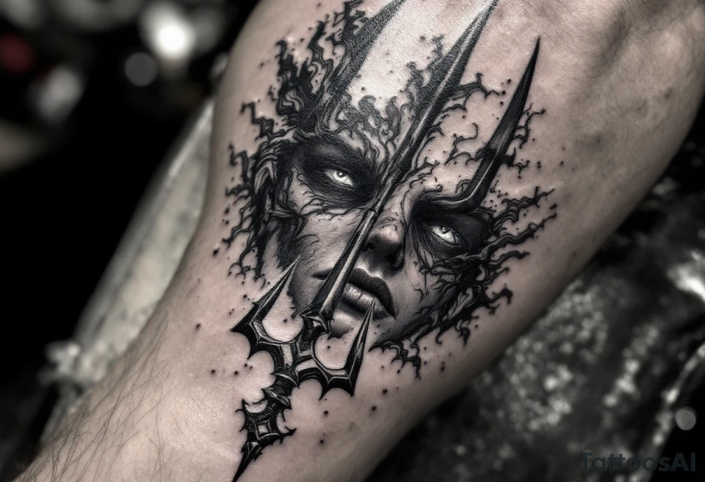 close-up face behind a trident tattoo idea