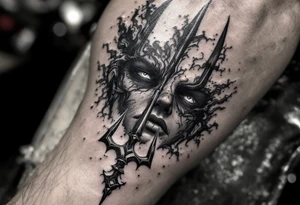 close-up face behind a trident tattoo idea