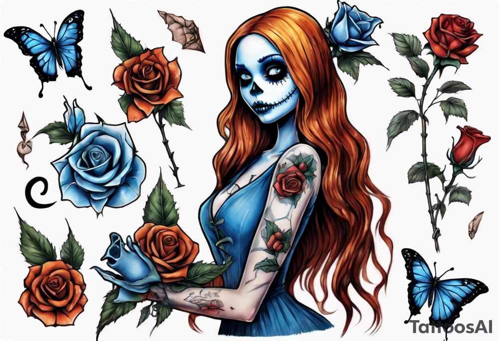 Nightmare before Christmas Sallyholding a flower. With a blue butterfly flying around her tattoo idea