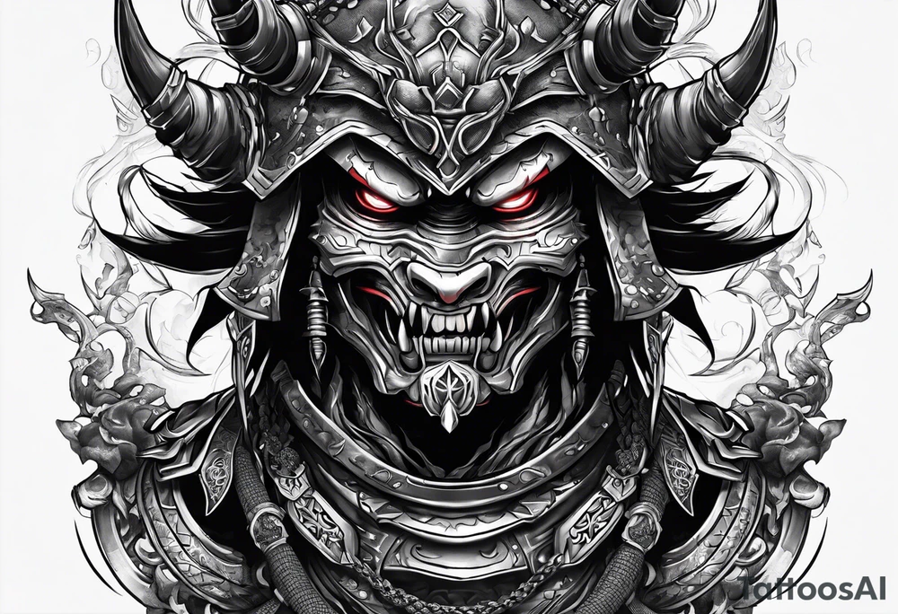 Angry robot demon ninja with demon mask face tattoo idea