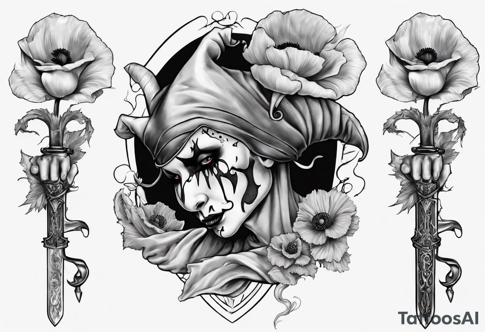Jester holding sword and poppy incorporate number 823 tattoo idea
