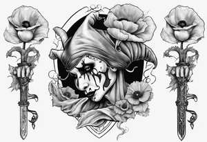 Jester holding sword and poppy incorporate number 823 tattoo idea
