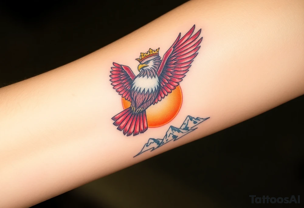 A red and white Moravian eagle with golden crown on its head  soaring above mountain peaks, with the sun rising behind it tattoo idea