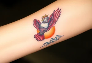 A red and white Moravian eagle with golden crown on its head  soaring above mountain peaks, with the sun rising behind it tattoo idea