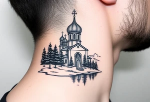 medium sized russian orthodox dome church with a separated virgin mary praying beside a lake and pine trees on the sized of my neck tattoo idea