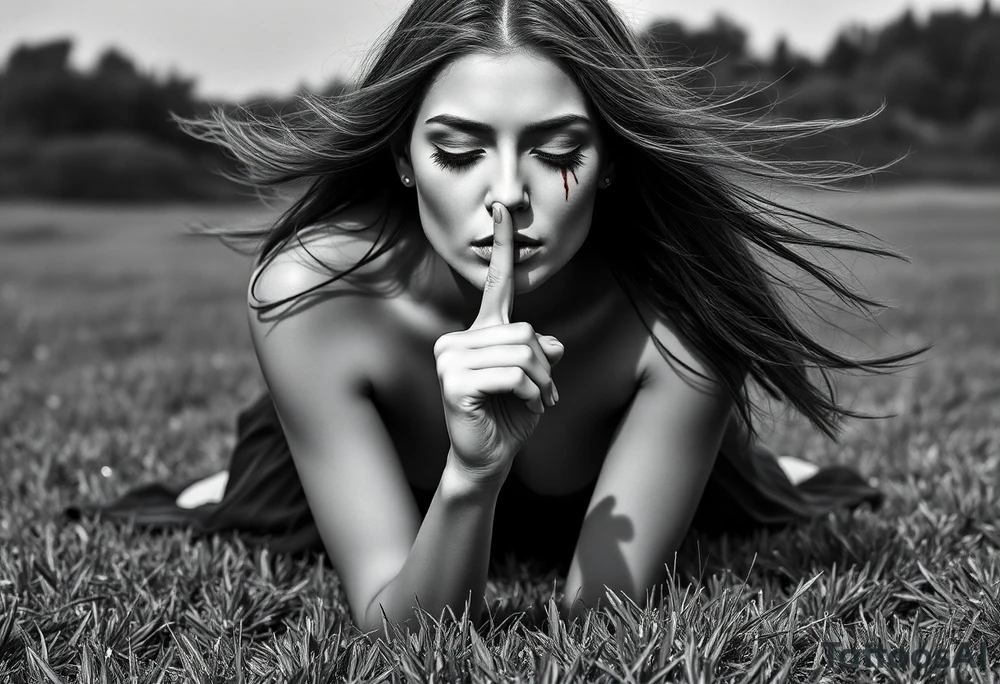 Theme: A powerful portrayal of the "See No Evil, Hear No Evil, Speak No Evil" concept, interpreted as a deliberate choice of selective perception and silence. The direct gaze and front-facing pose draw the viewer into her deliberate act of willful ignorance and secrecy.
Placement:  full front / full front thigh piece
Style realism black and grey).
Vibe: Striking,beautiful, and serene.
The Woman:
Pose: Kneeling on the grass, facing fully forward toward the viewer. The depiction will focus on her face, neck, upper chest, and torso.
Hair: Long hair flows forward and out to the sides, caught by the wind. It frames her face and shoulders.
Face - Eyes: Eyes are closed, emphasizing her active choice to close herself off.
Face - Nose/Mouth: A finger is held vertically to her lips in a "shush" or "don't speak" gesture, prominently visible centered on 
  Ears are seen bleeding and blood stains in the side in her left cheek 
Background/ Environment:
 Lush green grass where she is kneeling, at the very bottom of the composition.
Flowers roses and Beautiful  plumeria flowers bloom around her kneeling form,  framing her hips or flowing near the grass line. As the sun is setting 
Butterflies: Different sized butterflies flutter in the space around her chest and hair, adding organic movement.
Essential References & Inspiration
Examples of hair blowing forward in the wind, framing the face and chest.
Specific examples of the "shush" finger-to-lips pose from a front angle.
 pink plumeria and various butterflies. tattoo idea