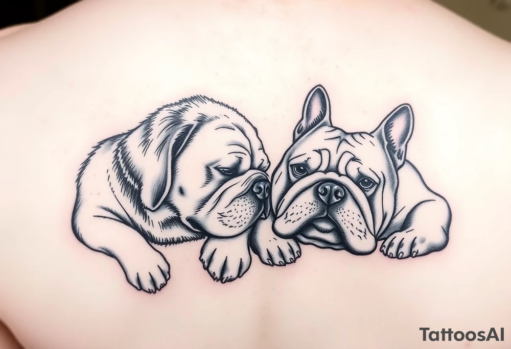 a golden retriever and an English bulldog, lying besides each other, head to head, foreheads touching, side view tattoo idea