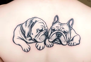 a golden retriever and an English bulldog, lying besides each other, head to head, foreheads touching, side view tattoo idea