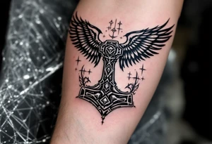 A ravens-and-Mjölnir design, with Huginn and Muninn circling the hammer, surrounded by Norse symbols, in black and grey with silver highlights. tattoo idea