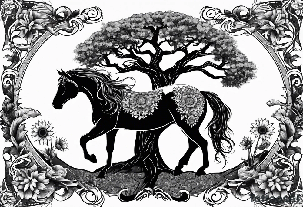 Yggdrasil tree, horse, sunflower tattoo idea