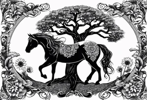 Yggdrasil tree, horse, sunflower tattoo idea