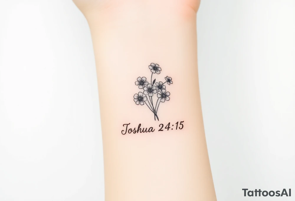 MINI BUNCH OF FLOWERS at the top, drawn in single-needle fine line

“Joshua 24:15” sits underneath in tiny, clean lettering

Vertical flow = elegant, feminine, and perfectly suited to the inner wrist

Overall height: ~5–7 cm (subtle, timeless, not heavy) tattoo idea