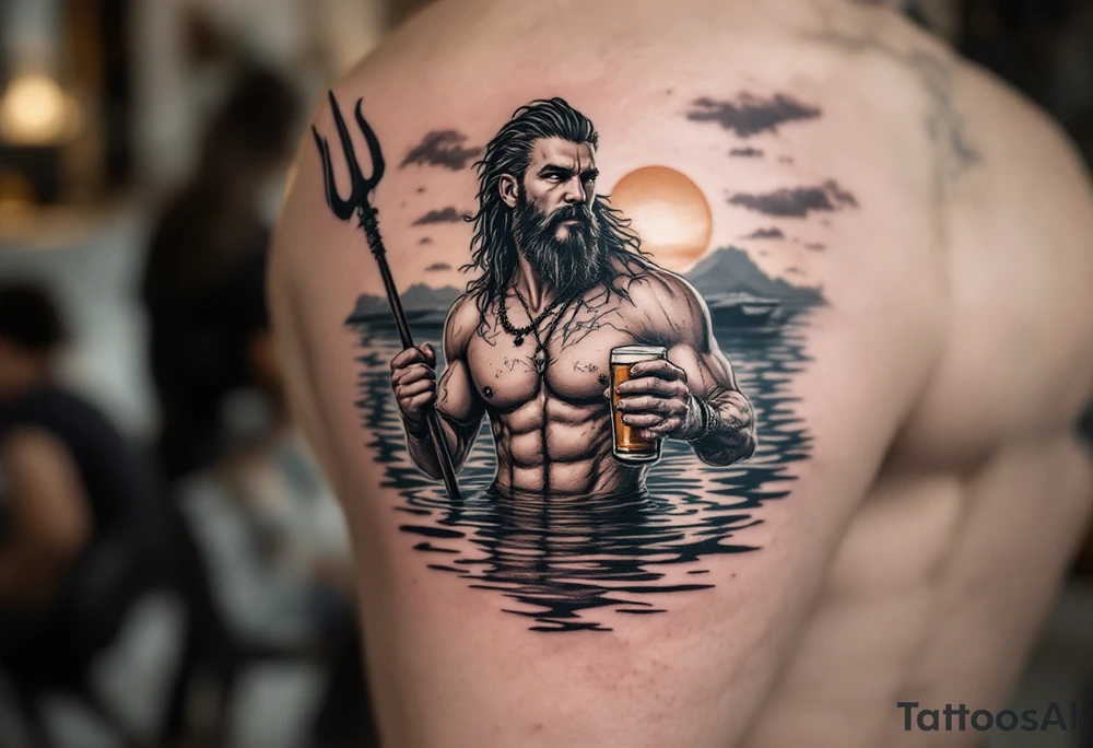 young, happy, fit poseidon in calm water, holding a trident, drinking a beer, with sunset, with ski boat tattoo idea