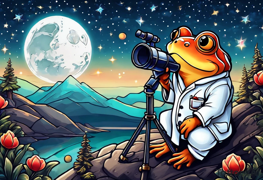 Small toad in a lab coat looking up at the stars through a telescope tattoo idea