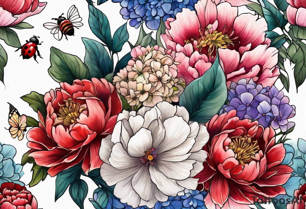 Vibrant peony with hydrangea and petunias and blossoms and foliage and a ladybug and a bee tattoo idea