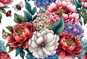 Vibrant peony with hydrangea and petunias and blossoms and foliage and a ladybug and a bee tattoo idea