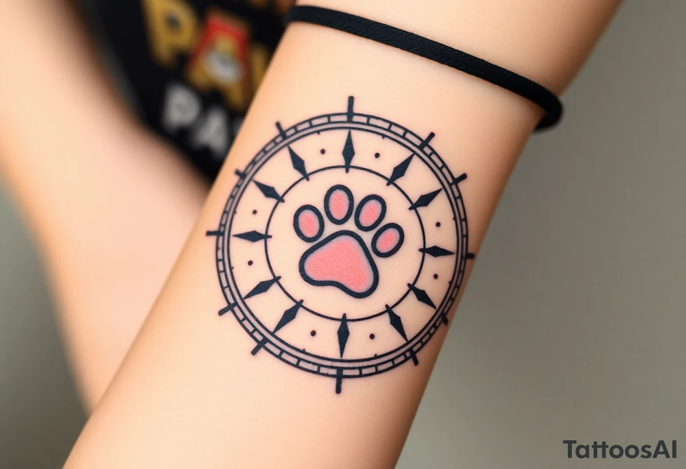 A compass design with a paw print at the center and description PAW PATROL tattoo idea