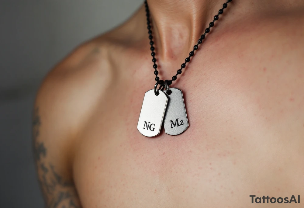 Minimalist Dog Tags – Two silver tags on a fine black chain, engraved with initials. Lying flat over the skin, they symbolize identity, sacrifice, and remembrance. tattoo idea
