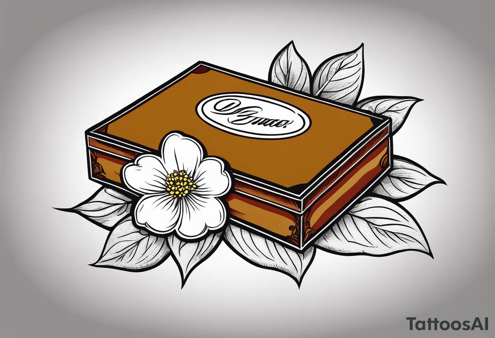 A simple vintage cigar box with a dogwood flower next to it as well as a lit cigar tattoo idea