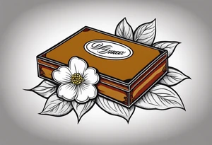 A simple vintage cigar box with a dogwood flower next to it as well as a lit cigar tattoo idea