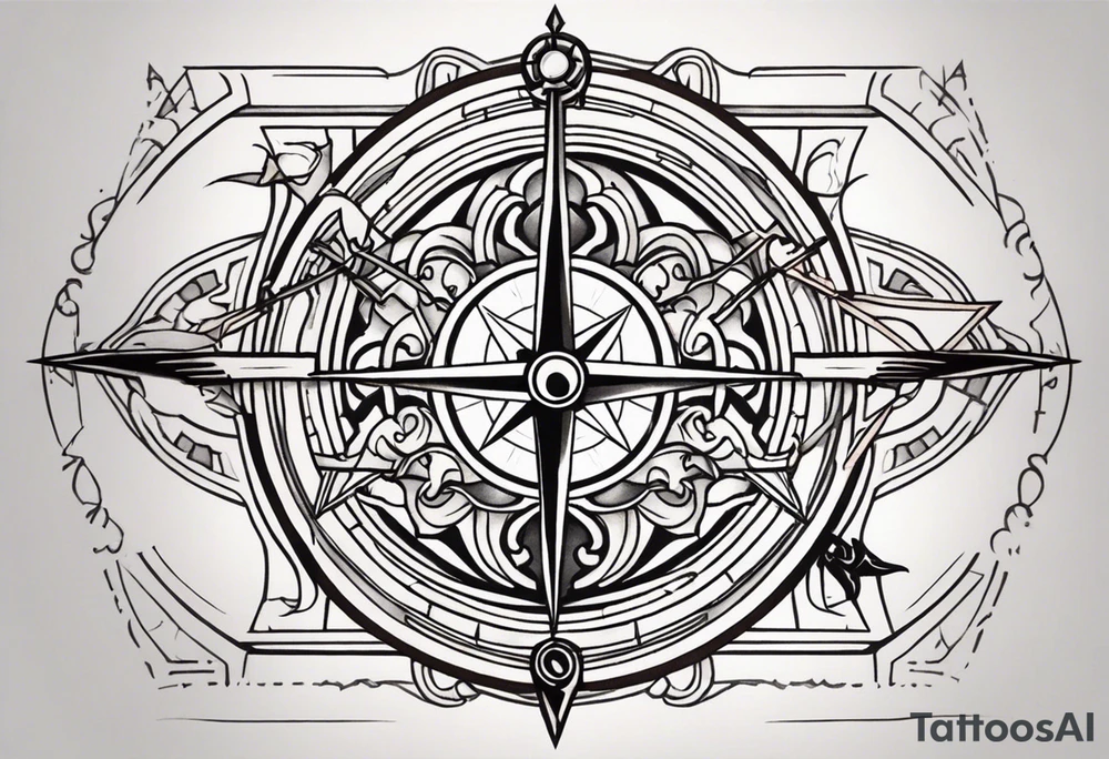 Two swords going through a compass and a labyrinth within it tattoo idea