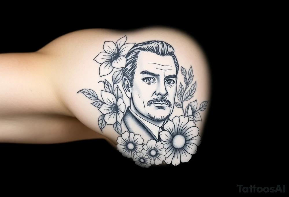 Floral Elements: Incorporate state flowers—bluebonnet (Texas), mountain laurel (Connecticut), and coast rhododendron (Washington)—around the portrait.
Arm sleeve shoulder to elbow tattoo idea