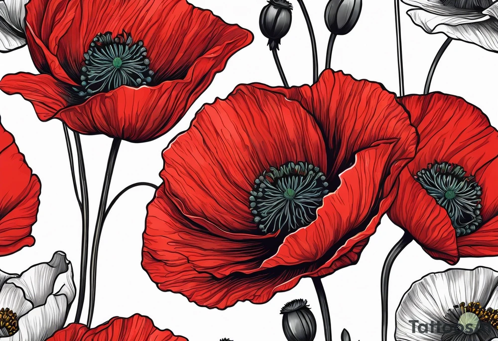Red poppy flower with long stem tattoo idea