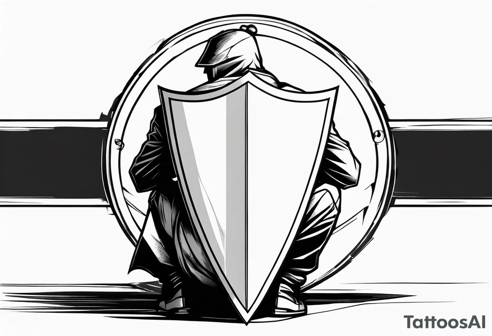 man crouched behind shield tattoo idea
