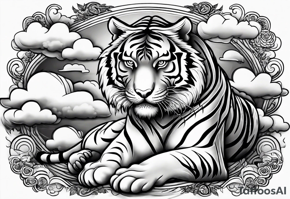 tiger with a full body not just its head with its body twisting clouds around tattoo idea