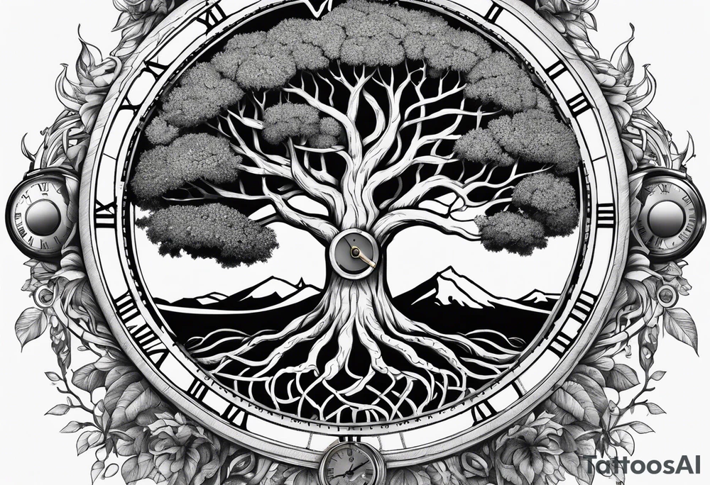Yggdrasil with an old watch face behind it tattoo idea
