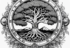Yggdrasil with an old watch face behind it tattoo idea